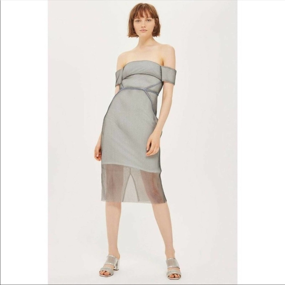TOPSHOP Sheath Mesh Dress Gray Purple Lilac Cocktail Off The Shoulder Sz 2